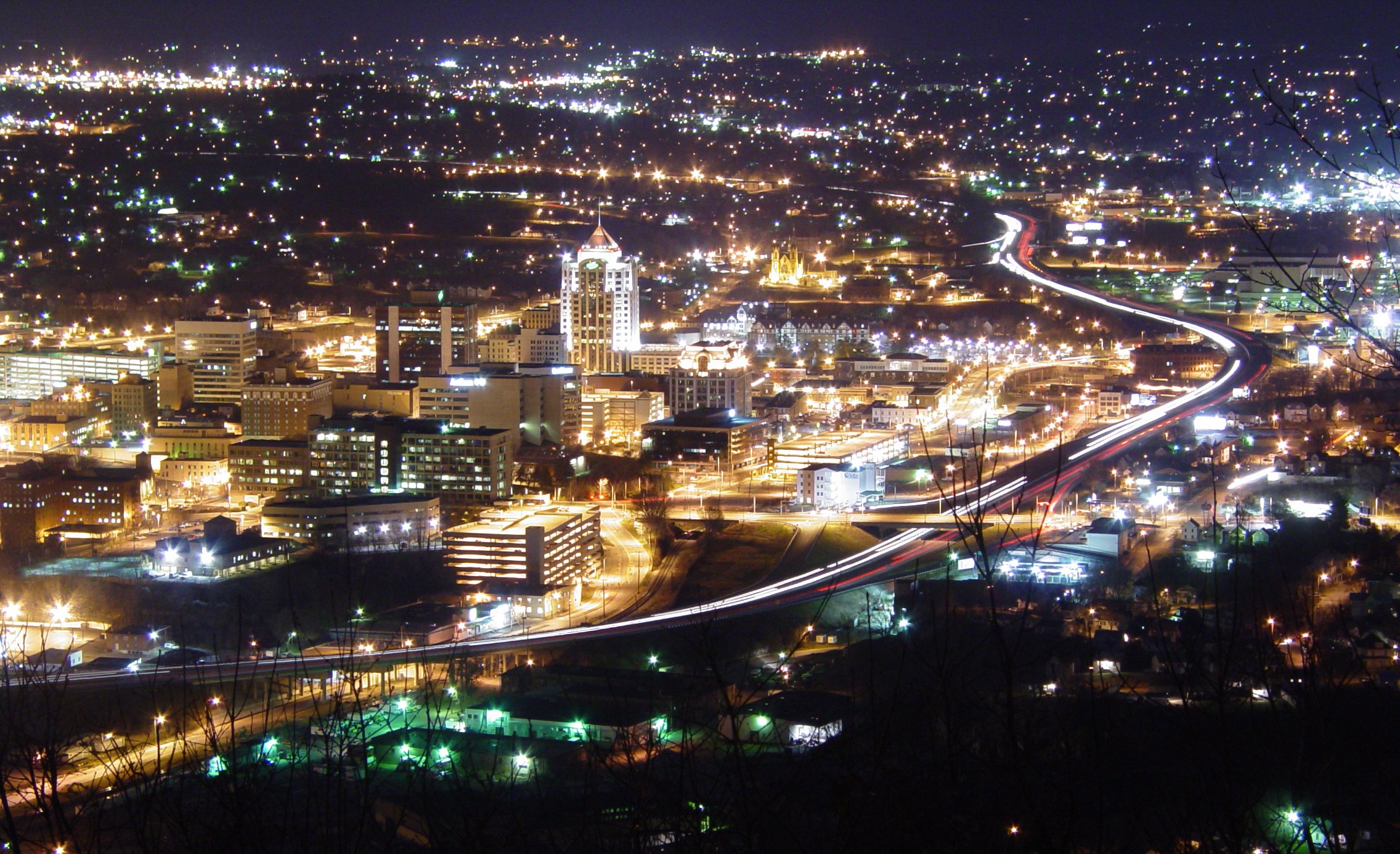 Downtown Roanoke, Virginia lit up at night